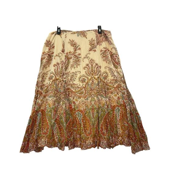 Lauren Ralph Lauren Silk Midi Skirt Sz 14 Chiffon Rust Gold Paisley Flare Flowy - Picture 1 of 3